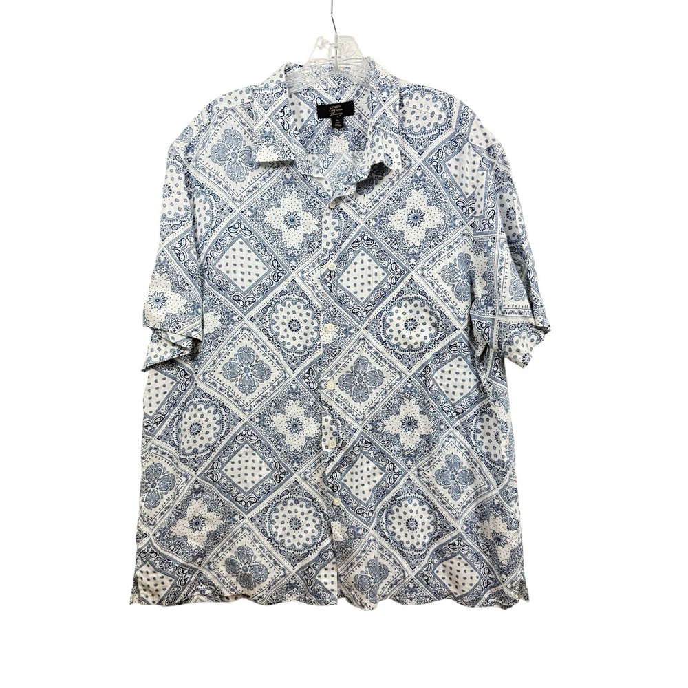 Men's XL club room linen luxury short sleeve blue and white linen buttoned shirt